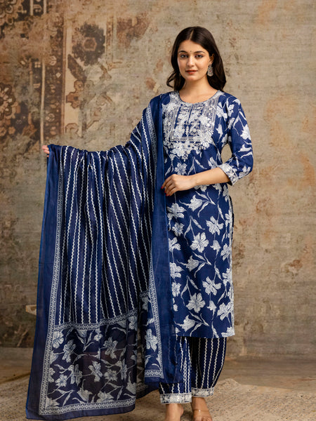 Blue Cotton Suit Set for Women