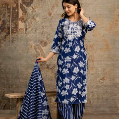 Blue Cotton Suit Set for Women