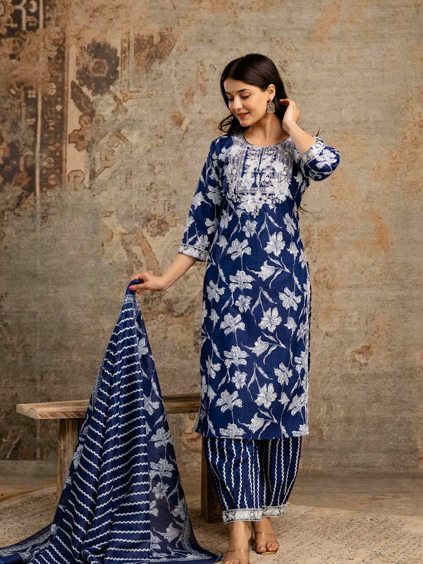 Blue Cotton Suit Set for Women