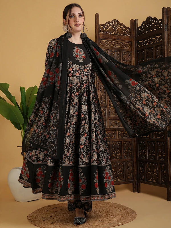 Black Cotton Anarkali Suit Set for Women