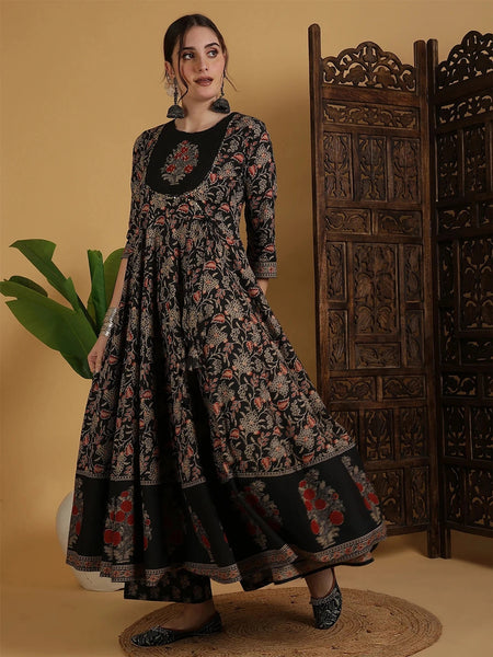 Black Cotton Anarkali Suit Set for Women