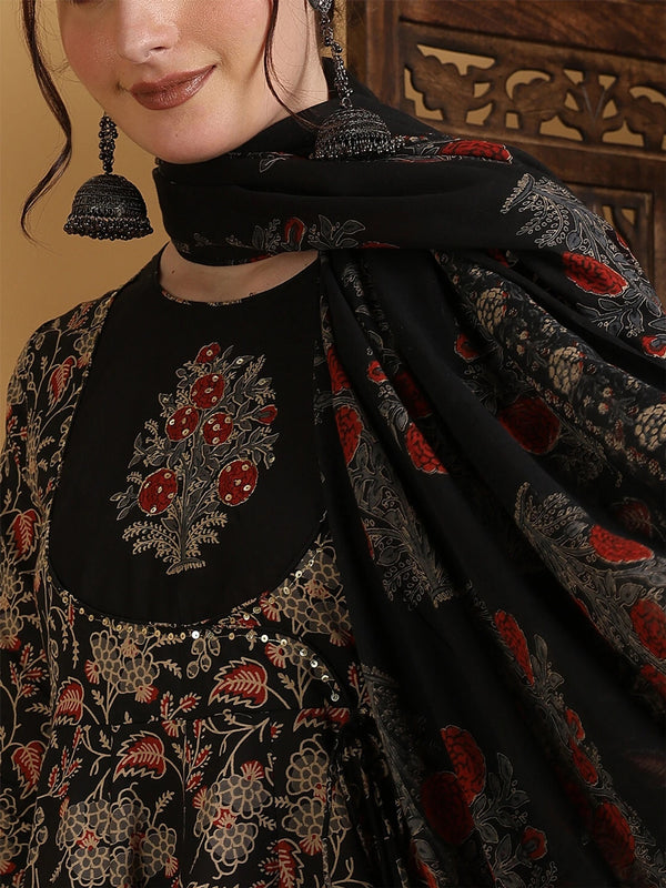 Black Cotton Anarkali Suit Set for Women