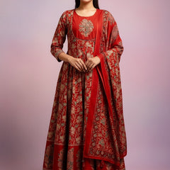 Maroon Cotton Anarkali Suit Set for Women