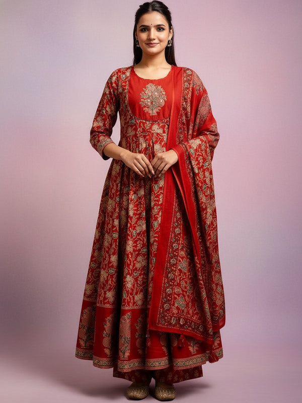Maroon Cotton Anarkali Suit Set for Women