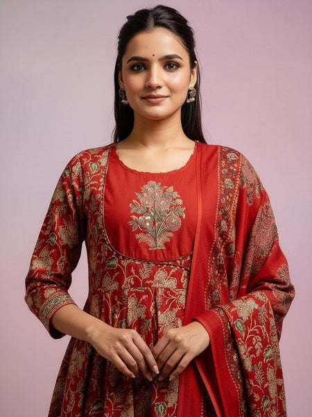 Maroon Cotton Anarkali Suit Set for Women