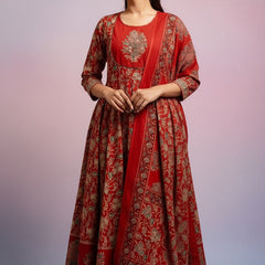Maroon Cotton Anarkali Suit Set for Women
