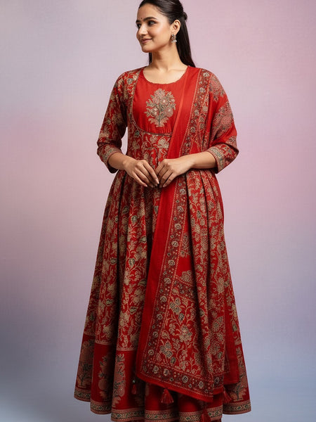 Maroon Cotton Anarkali Suit Set for Women