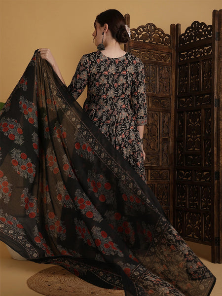 Black Cotton Anarkali Suit Set for Women