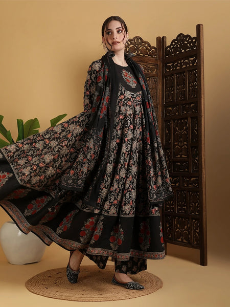 Black Cotton Anarkali Suit Set for Women