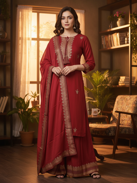 Maroon Rayon Kurta Palazzo Suit Set