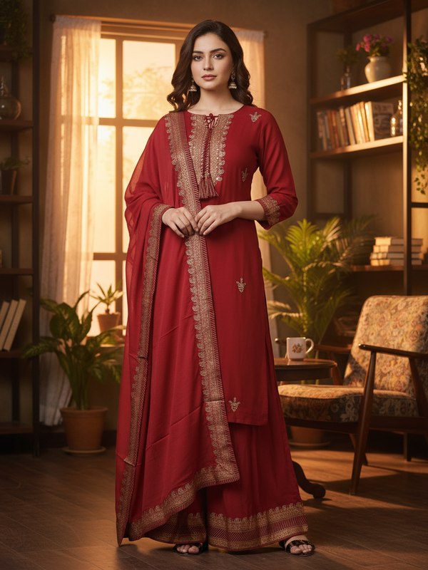 Maroon Rayon Kurta Palazzo Suit Set