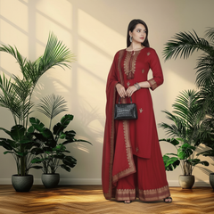 Maroon Rayon Kurta Palazzo Suit Set