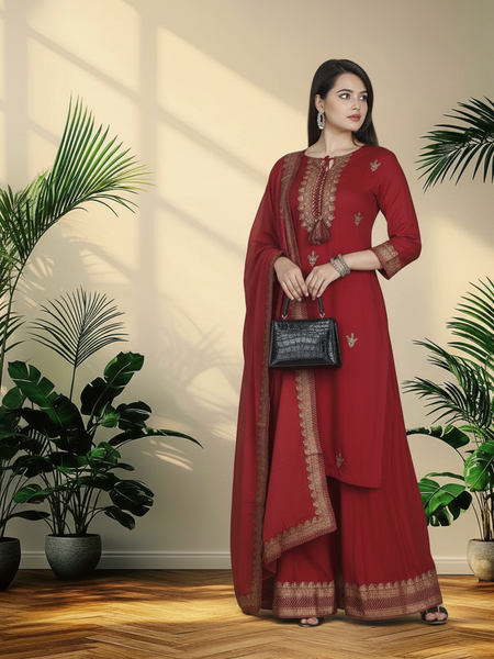 Maroon Rayon Kurta Palazzo Suit Set