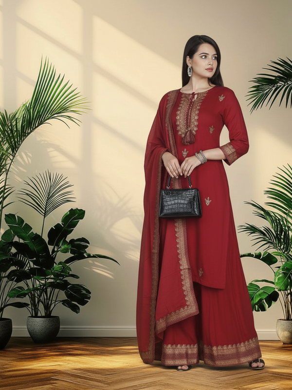 Maroon Rayon Kurta Palazzo Suit Set