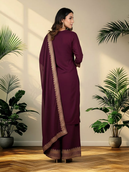 Wine Rayon Kurta Palazzo Suit Set