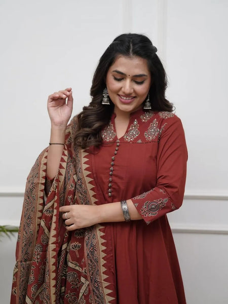 Maroon Cotton Anarkali Suit Set for Women