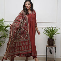Maroon Cotton Anarkali Suit Set for Women
