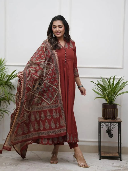 Maroon Cotton Anarkali Suit Set for Women