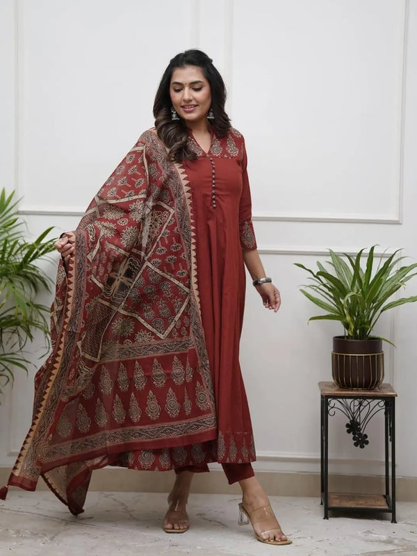 Maroon Cotton Anarkali Suit Set for Women