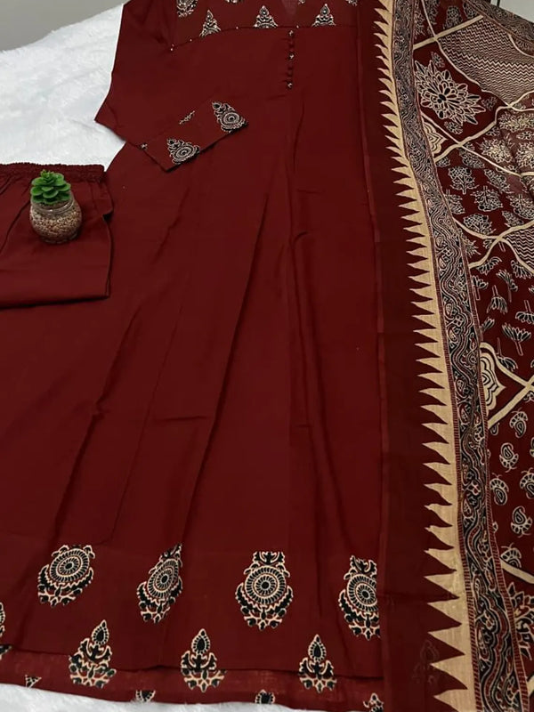 Maroon Cotton Anarkali Suit Set for Women