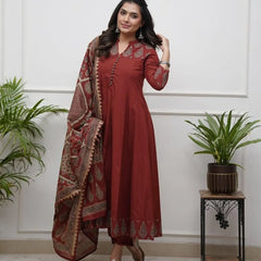 Maroon Cotton Anarkali Suit Set for Women