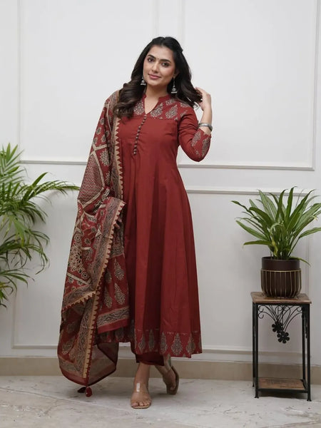 Maroon Cotton Anarkali Suit Set for Women