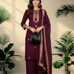 Wine Rayon Kurta Palazzo Suit Set