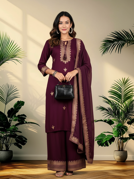 Wine Rayon Kurta Palazzo Suit Set