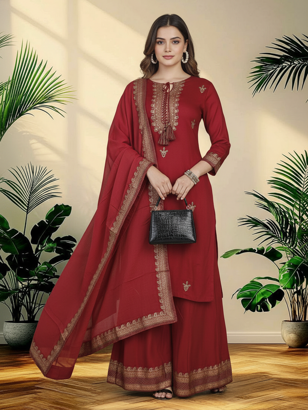 Maroon Rayon Kurta Palazzo Suit Set
