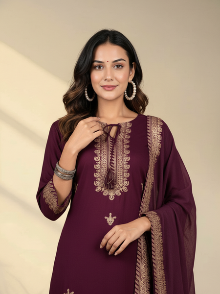 Wine Rayon Kurta Palazzo Suit Set