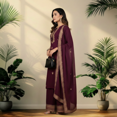 Wine Rayon Kurta Palazzo Suit Set