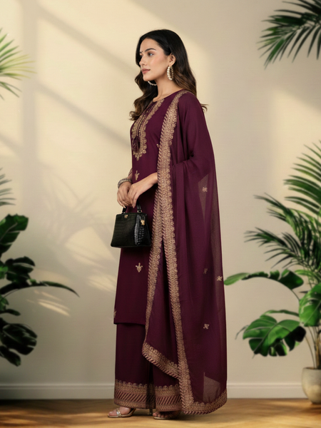 Wine Rayon Kurta Palazzo Suit Set